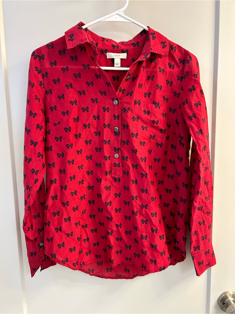 J. Crew Red Long-Sleeve Button-Front Shirt with Black Bow Print